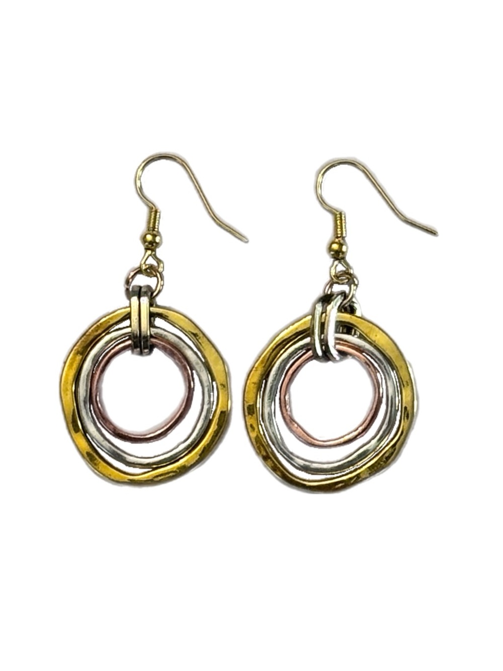 Tri-Color Interlocking Hoop Drop Earrings - Gold, Silver & Rose Tone